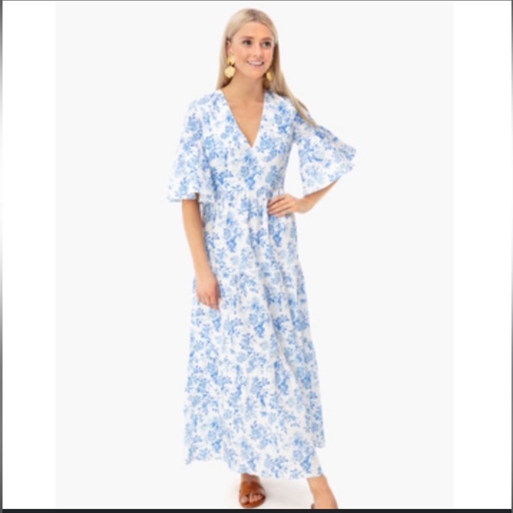 Tuckernuck Ginger Midi Dress in Blue and White Floral Toile